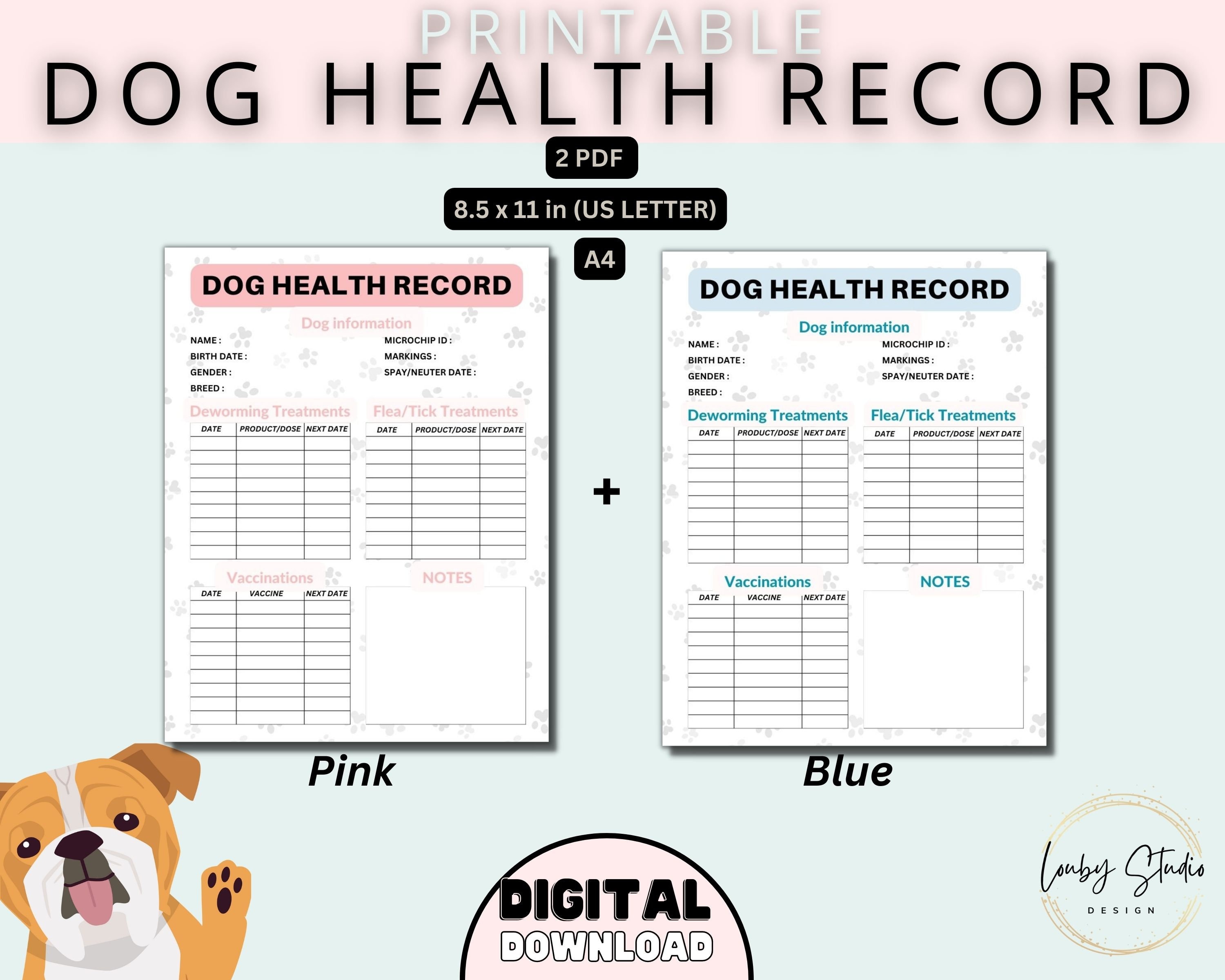 Dog Health Record, Printable Dog Shot Record, Puppy and Dog Vaccination