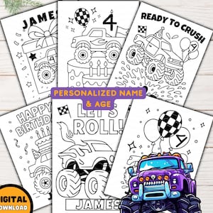 Personalized Monster Truck Birthday Coloring Pages, Boy Birthday Monster Truck Party Favors, Custom Name Coloring Sheets PDF