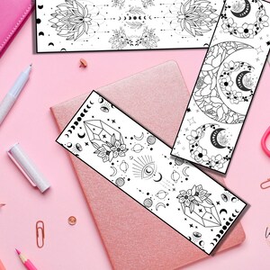 May include: Three black and white printable bookmark designs featuring celestial and floral motifs. The designs include moons, stars, crystals, flowers, and eyes. The bookmarks are perfect for adding a touch of whimsy to your reading experience.