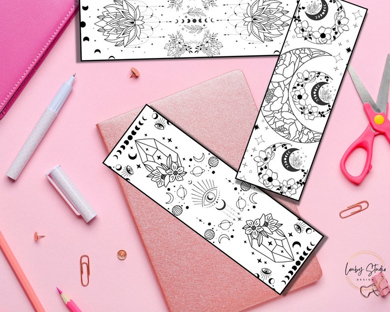 May include: Three black and white printable bookmark designs featuring celestial and floral motifs. The designs include moons, stars, crystals, flowers, and eyes. The bookmarks are perfect for adding a touch of whimsy to your reading experience.