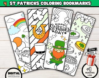 St Patricks Day Coloring Bookmarks: Shamrock Leprechaun Designs (Digital Download)