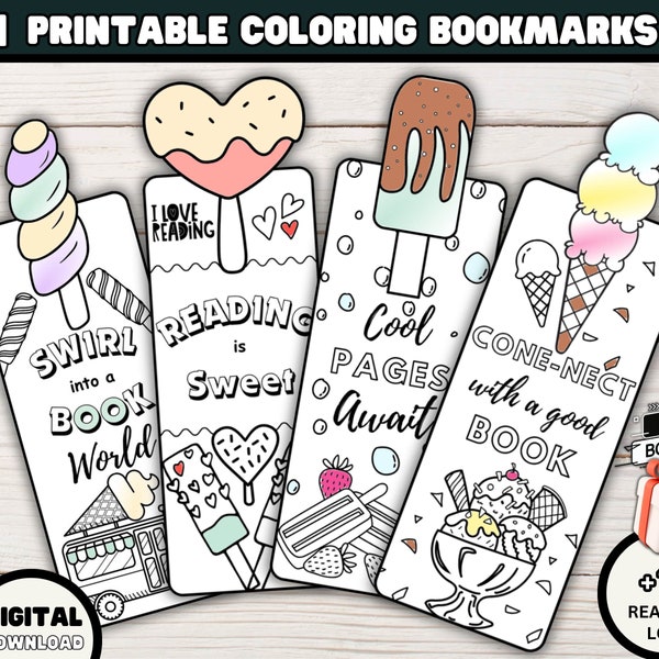 Printable Coloring Bookmarks, Ice Cream Coloring Book Marks, Kids Birthday Coloring Page, Classroom Craft, Reading Log, Digital Download