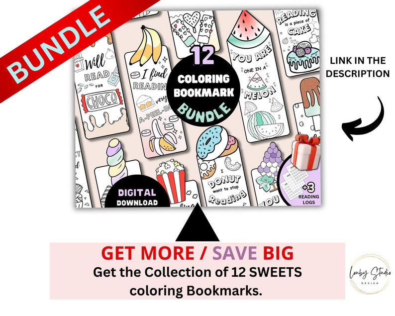 May include: A digital download bundle of 12 printable coloring bookmarks featuring sweet treats like donuts, watermelon, and ice cream. The bookmarks are black and white line drawings with text that says "I find reading very sweet" and "You are one in a melon".