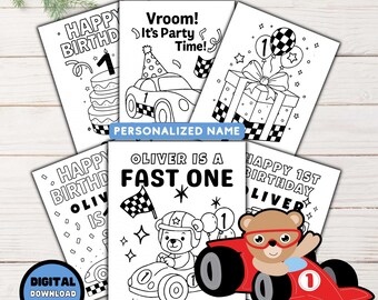 1歳の誕生日を楽しく彩る塗り絵、パーソナライズされたレースカーの塗り絵、1歳の誕生日パーティーのアクティビティ