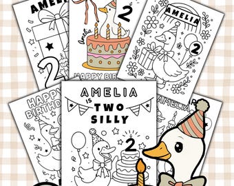 おかしなガチョウの塗り絵2枚、2歳の誕生日パーティー用パーソナライズアクティビティ、PDFデジタルダウンロード