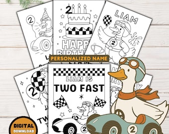 2つの高速誕生日ぬり絵ページ、レトロなレースカー、おどけたガチョウのテーマ（PDFダウンロード）