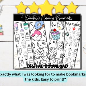 May include: Four printable coloring bookmarks featuring a donut, ice cream, cupcake, and popsicle theme. Each bookmark is 2.3 inches by 7 inches.