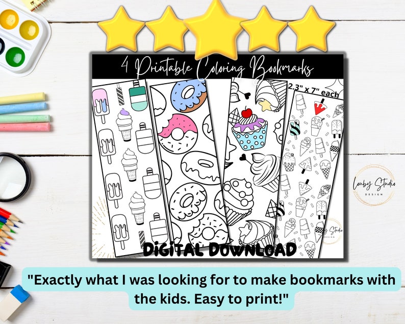 May include: Four printable coloring bookmarks featuring a donut, ice cream, cupcake, and popsicle theme. Each bookmark is 2.3 inches by 7 inches.