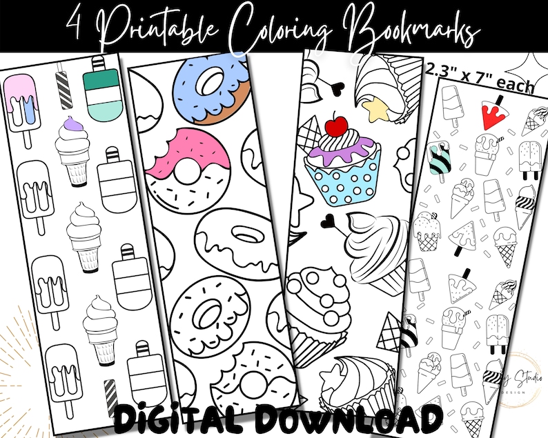 May include: Four printable coloring bookmarks featuring different summer themes: ice cream, donuts, cupcakes, and ice cream cones. Each bookmark is 2.3 inches by 7 inches.