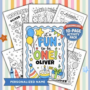 May include: A personalized 10-page birthday activity pack for a one-year-old named Oliver. The pages feature black and white line art illustrations of balloons, party hats, cakes, and gifts, with one page colored in blue, yellow, green, and red.
