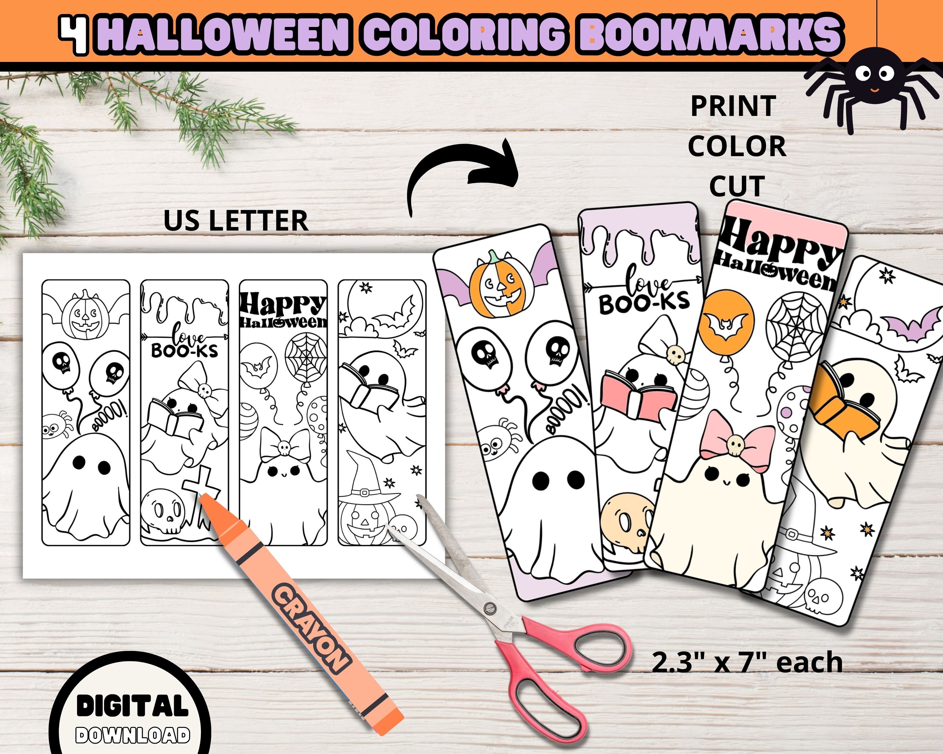 Cute Halloween Coloring Bookmarks, Kawaii Halloween Coloring Page, Kids ...