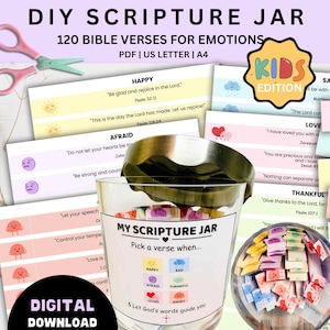 Pot de versets bibliques pour enfants, pot d'écritures bibliques pour enfants, pot d'émotions de versets bibliques imprimables, versets codés par couleur, pot de lecture, cadeaux chrétiens bricolage