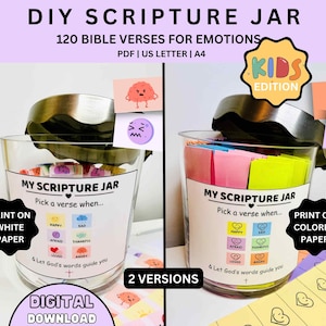 Pot de versets de la Bible à faire soi-même pour enfants pot de versets bibliques imprimables pour enfants pot d'émotions, lis-moi quand, versets codés par couleur, cadeaux de versets bibliques