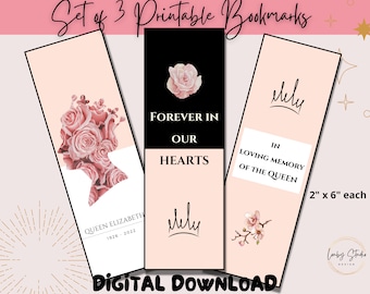 Queen Elizabeth Printable Bookmarks, Minimalist Book Mark, Floral Bookmarks, History Gift, Digital Download