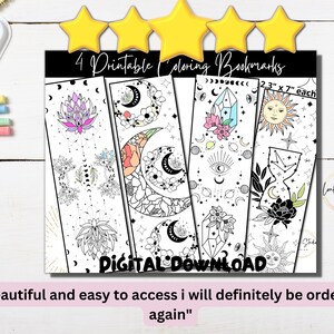 May include: Four printable coloring bookmarks featuring celestial and floral designs. Each bookmark is 2.3 inches by 7 inches. The designs include a crescent moon, a sun, a crystal, and a flower.