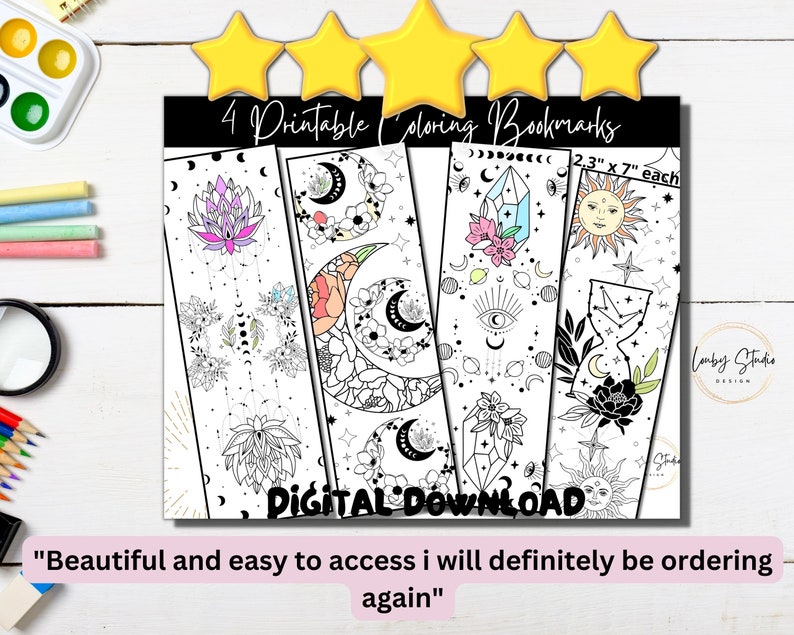 May include: Four printable coloring bookmarks featuring celestial and floral designs. Each bookmark is 2.3 inches by 7 inches. The designs include a crescent moon, a sun, a crystal, and a flower.