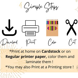 May include: Four simple steps are shown with icons: download, print, color, and cut. The text says to print at home on cardstock or regular printer paper, color, and laminate. You can also print at a printing store.