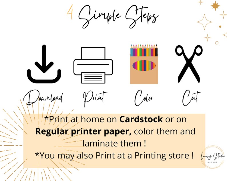 May include: Four simple steps are shown with icons: download, print, color, and cut. The text says to print at home on cardstock or regular printer paper, color, and laminate. You can also print at a printing store.