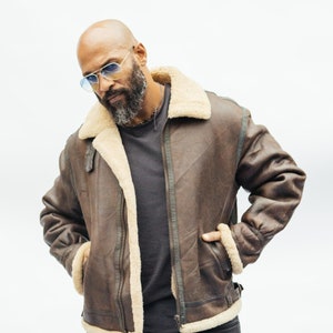 Mens Sheepskin Aviator Jacket Flying Jacket Real Leather Shearling
