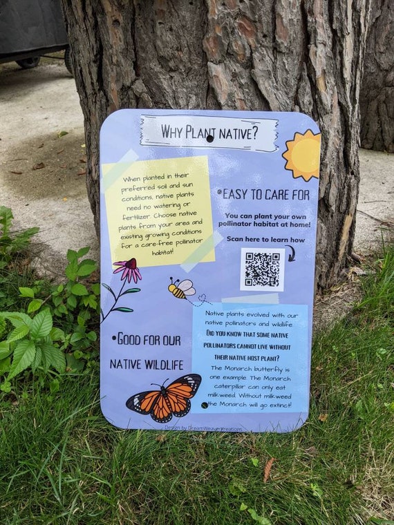 Kids Educational Pollinator Habitat Sign Promoting Native Plants; Large Quality Aluminum Garden Sign