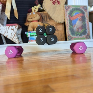 Op de afbeelding: Vier zwarte gewichtsplaten met de nummers 2 en 3 erop gedrukt. De platen zijn op elkaar gestapeld. Twee roze dumbbells met het nummer 5 erop gedrukt bevinden zich aan weerszijden van de platen.