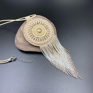 Bead embroidery necklace with fringes,Boho necklace for women, Seed bead necklace for her,Ivory cream dark beige necklace,Mandala necklace