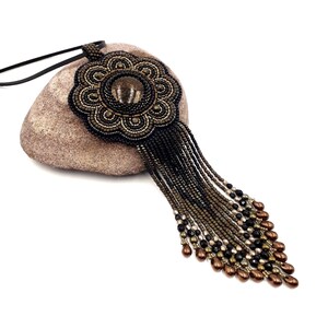 Bead embroidery necklace with fringes,Necklace for women boho, Seed bead necklace for her,Black bronze necklace,Necklace flower