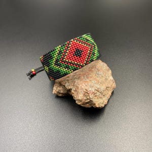 Black red green golden bracelet,Seed bead bracelet,Wide woven bracelet,Handwoven bracelet for women,Beaded cuff bracelet,Bracelet on a loom