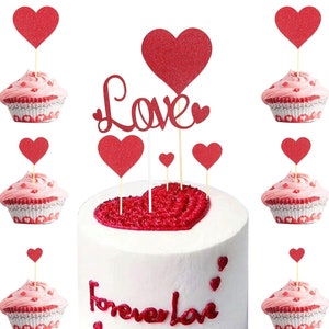 25 Pcs Valentine Cake Topers Love Heart Cake Toppers For Valentines Weddings Red Glitter Love Topper