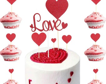 25 Pcs Valentine Cake Topers Love Heart Cake Toppers For Valentines Weddings Red Glitter Love Topper