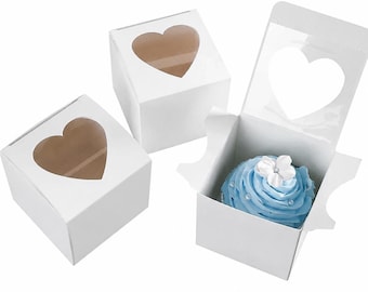 White Single Cupcake Box With Heart Window, Wedding Party Favour Treat Cookie Box