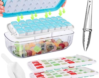 Ice Cube Tray with Lid and Accessories Silicone Press Type Maker for Freezer Storage Bin Ice Tong Ice Scoop and Press Plate