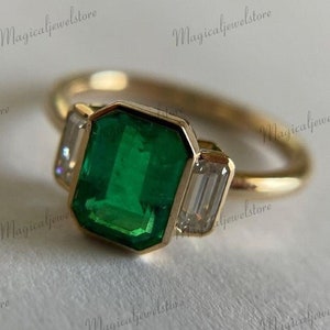 Emerald Ring, Three Stone Ring, 3 CT Emerald Cut Diamond Engagement Ring, Bezel Set Ring, Baguette Wedding Ring, 14K Solid Yellow Gold Ring