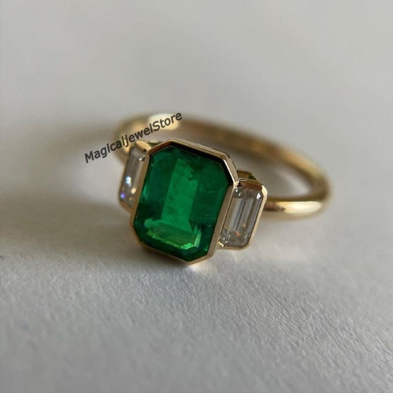 Emerald Diamond Ring Three Stone Ring Emerald Cut Diamond - Etsy