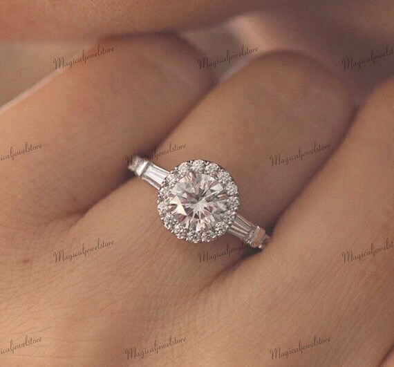 Round diamond engagement ring halo ring solitaire with etsy