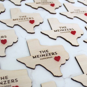 Custom Wedding Favor Wooden Magnets, State and City with Heart Personalized with Couples name and wedding date, Austin, Texas shaped Gift
