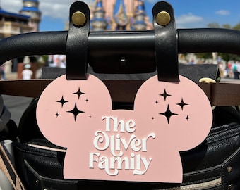 Disney Inspired Personalized Stroller Sign, Mickey Ears decor, 1st WDW Family Vacation memento, Acrylic + Leather Mouse, Christmas Gift