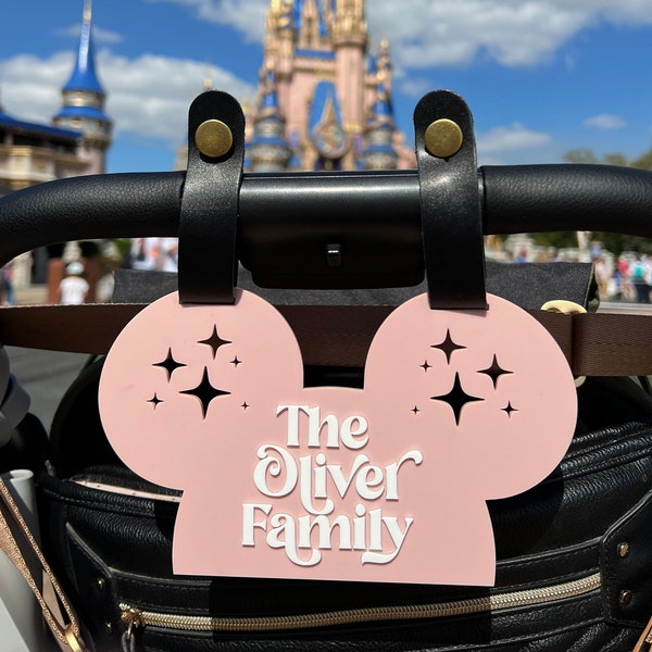 Disney Inspired Personalized Stroller Sign, Mickey Ears decor, 1st WDW Family Vacation memento, Acrylic + Leather Mouse, Christmas Gift