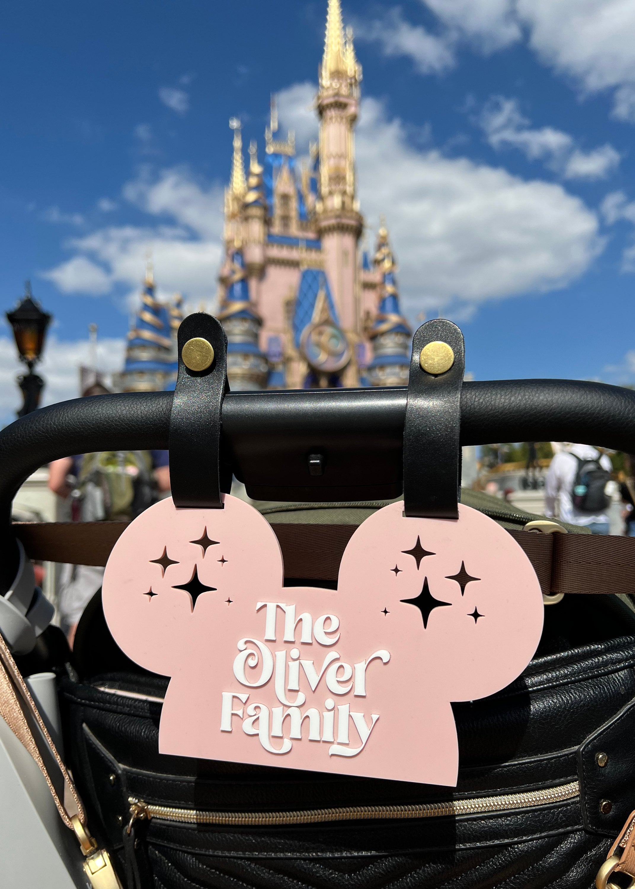 Disney Inspired Personalized Stroller Sign, Mickey Ears decor, 1st WDW Family Vacation Memento, Acrylic + Leather Mouse Stroller Tag