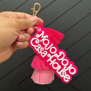 Mojo Dojo Malibu Doll inspired keychain with Jumbo Tassels, Hot Pink and White Personalized Keychain, Custom Acrylic keychain for girls