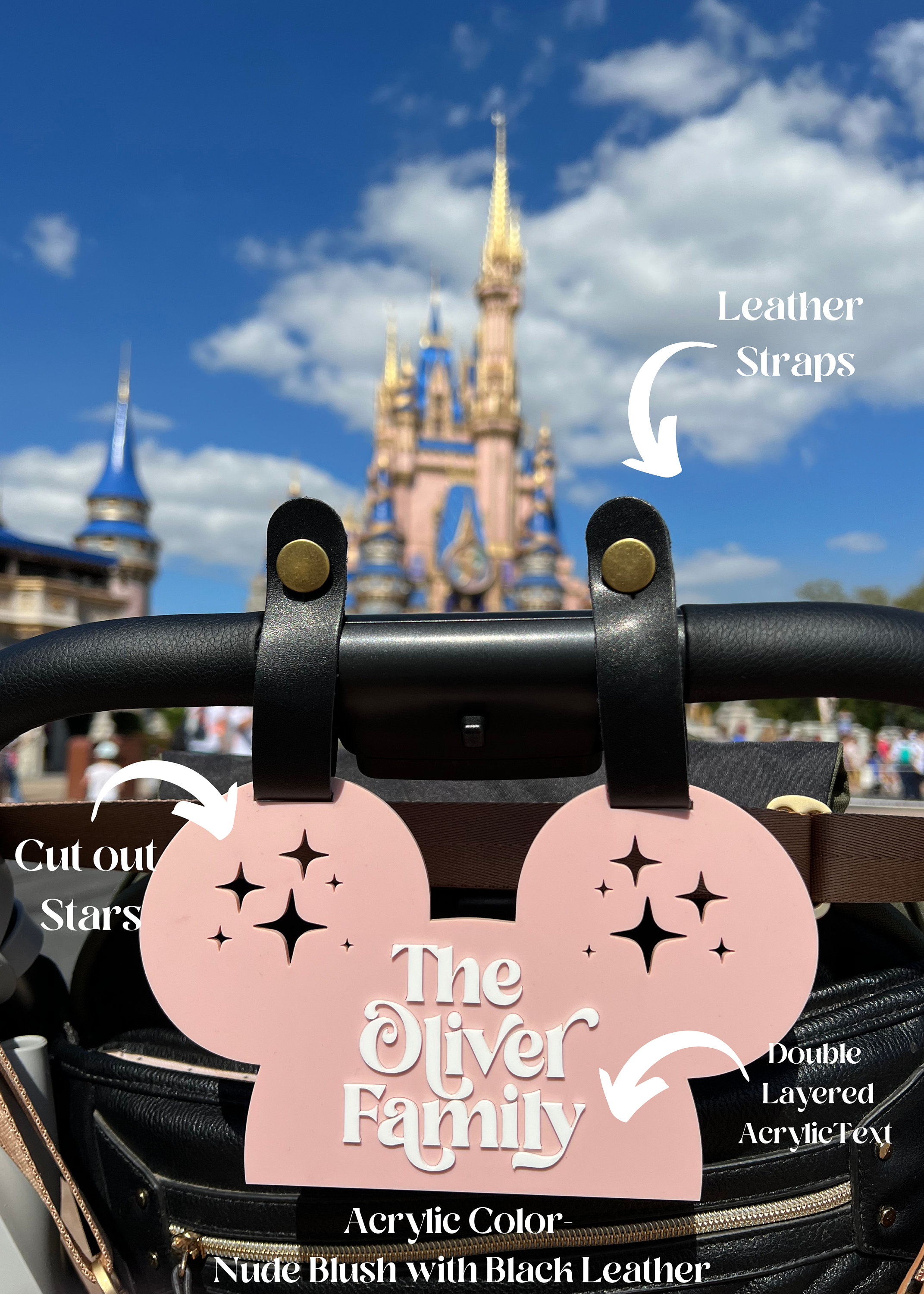 Disney Inspired Personalized Stroller Sign, Mickey Ears decor, 1st WDW Family Vacation Memento, Acrylic + Leather Mouse Stroller Tag