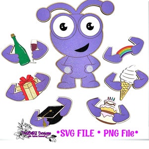 May include: Purple cartoon character with multiple arms holding different celebratory items, including a bottle of wine, a glass of wine, a rainbow, a graduation cap, a birthday cake, a gift box, and an ice cream cone. The text "Let's Celebrate" is at the top of the image. The text "SVG FILE - PNG File" is at the bottom of the image.