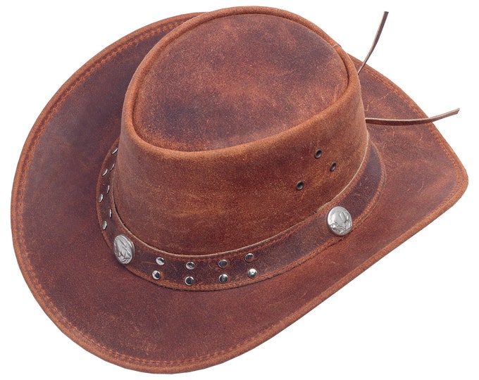 Leather Cowboy Hat Men with Conchos Leather band Woman Ladies Travel Fashion Women's Brown Black