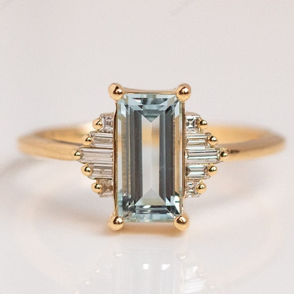 Antique Aquamarine and Moissanite Engagement Ring Baguette Cut Diamond Ring Art Deco Ring Anniversary Gift Unique Minimalist Engagement Gift