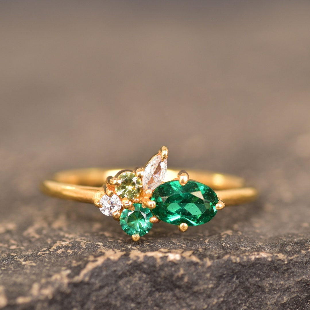 14K Gold Emerald Ring for Women Emerald and Peridot Cluster Wedding