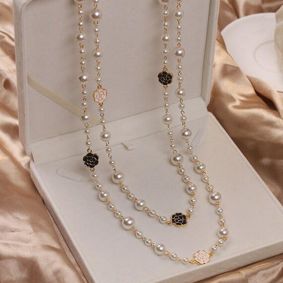 Pearl Flower Necklace Black Camellia Gold Women's 