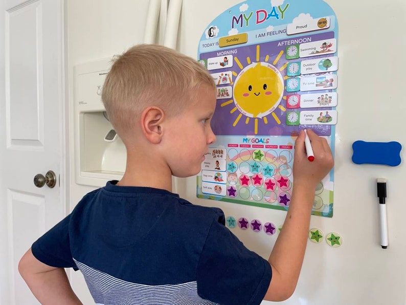 May include: A child uses a dry-erase marker to mark off a star on a colorful magnetic chart with the words "My Goals" and a rainbow. The chart is on a white refrigerator with a blue sponge and a dry-erase marker.