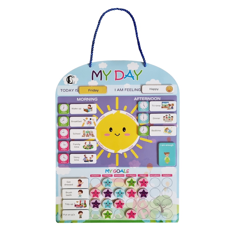 May include: A colorful wooden chart with a sun in the center and a daily schedule for kids. The chart includes activities like wake up, breakfast, school, family time, story time, TV time, dinner, and bedtime. It also has a section for "My Goals" with a calendar and stars for tracking progress.