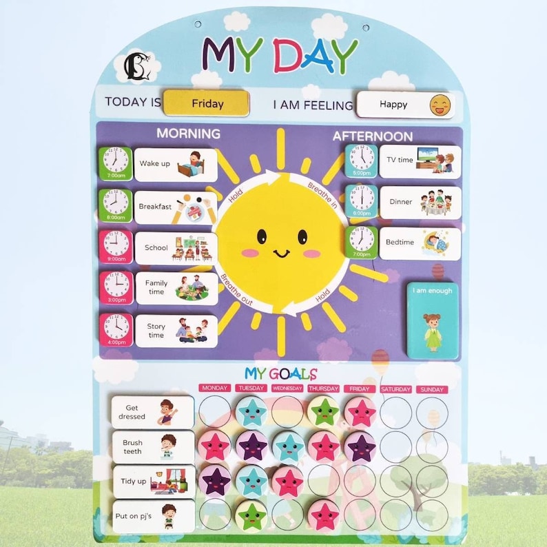 May include: A colorful chart for kids with a sun graphic and the words "My Day" and "My Goals". The chart includes a daily schedule with times for activities like wake up, breakfast, school, family time, story time, TV time, dinner, and bedtime. The chart also includes a section for tracking goals with a grid of stars for each day of the week.