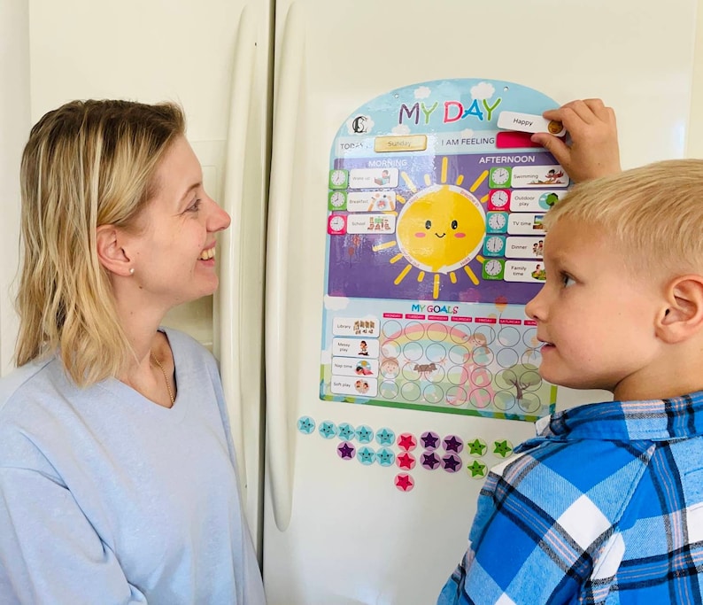 May include: A colorful chart with the words "My Day" and "My Goals" on it. The chart has a rainbow, a sun, and a clock. A child is pointing to the word "Happy" on the chart.